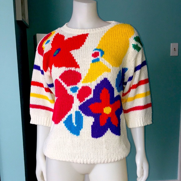 Vintage Sweaters - Vintage Barbra Sue floral abstract striped sweater size S